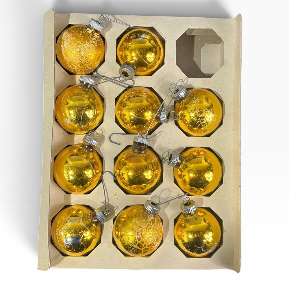 Vintage Shiny Brite Gold Mercury Glass Christmas Ornaments Set of 11/12 USA Made